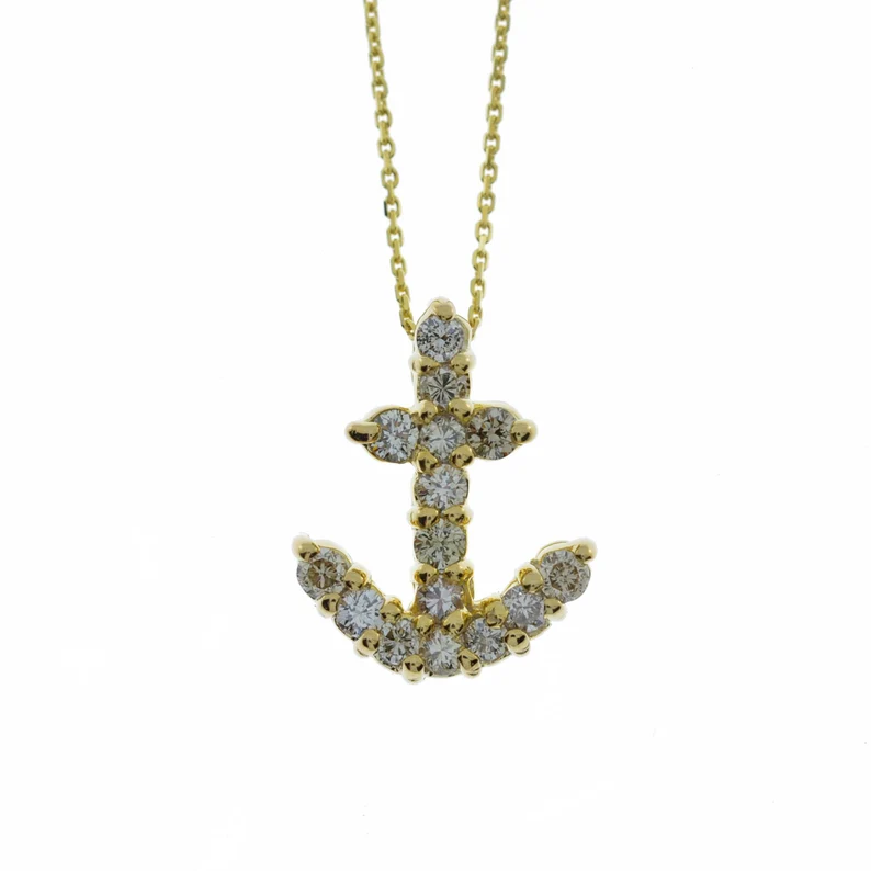 14Kt Gold 0.35 Ct Lab Grown Diamond Anchor Cross Pendant Necklace