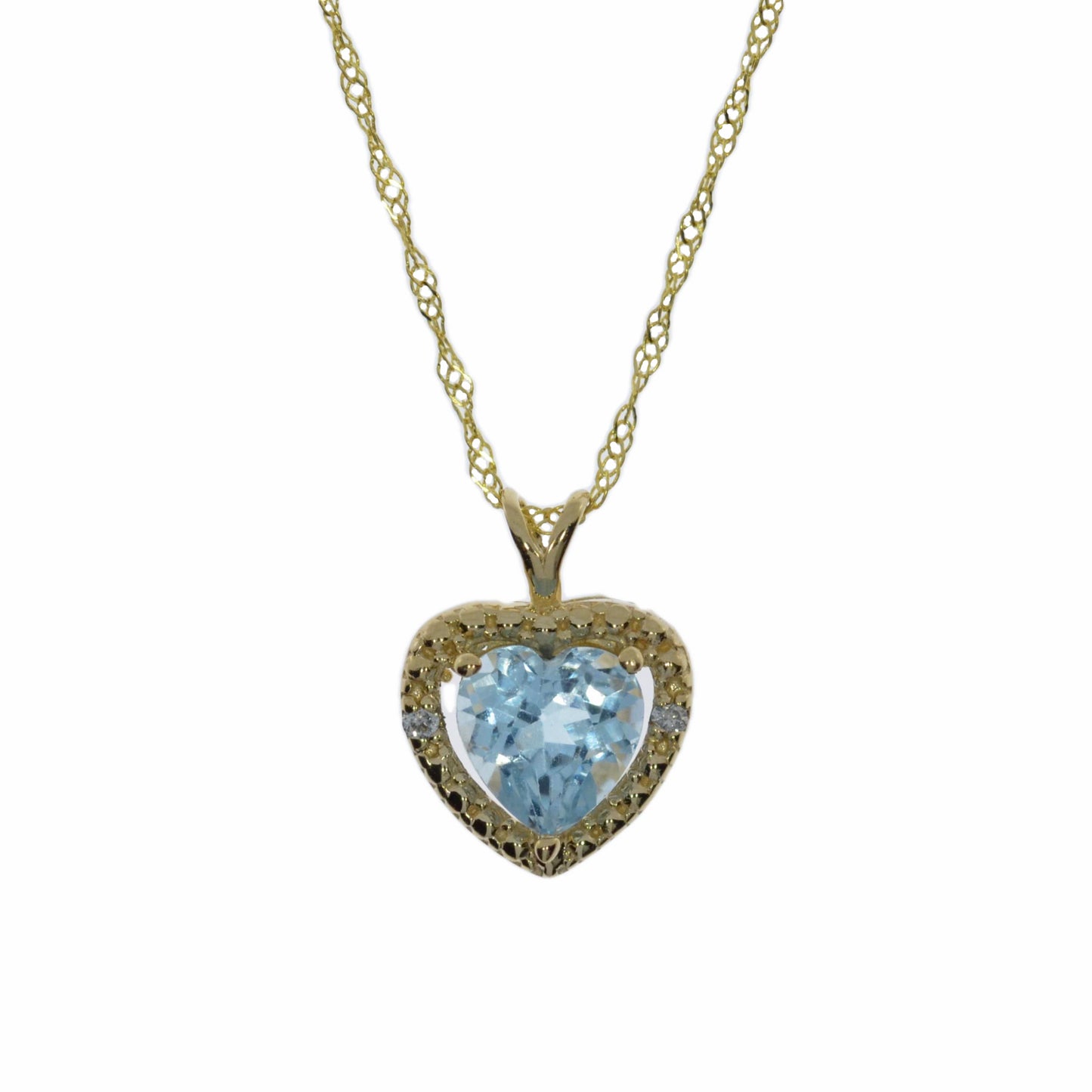 14Kt Gold Genuine Aquamarine & Diamond Heart Pendant Necklace