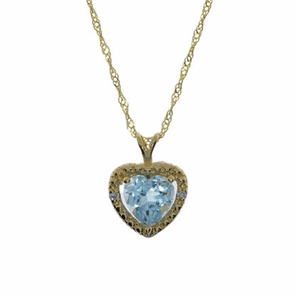 14Kt Gold Genuine Aquamarine & Diamond Heart Pendant Necklace