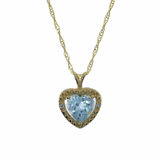 14Kt Gold Genuine Aquamarine & Diamond Heart Pendant Necklace