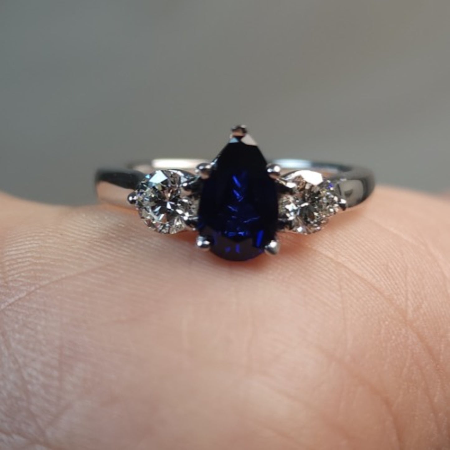 Created Blue Sapphire & Lab Grown Diamond Pear Round ring .925 Sterling Silver