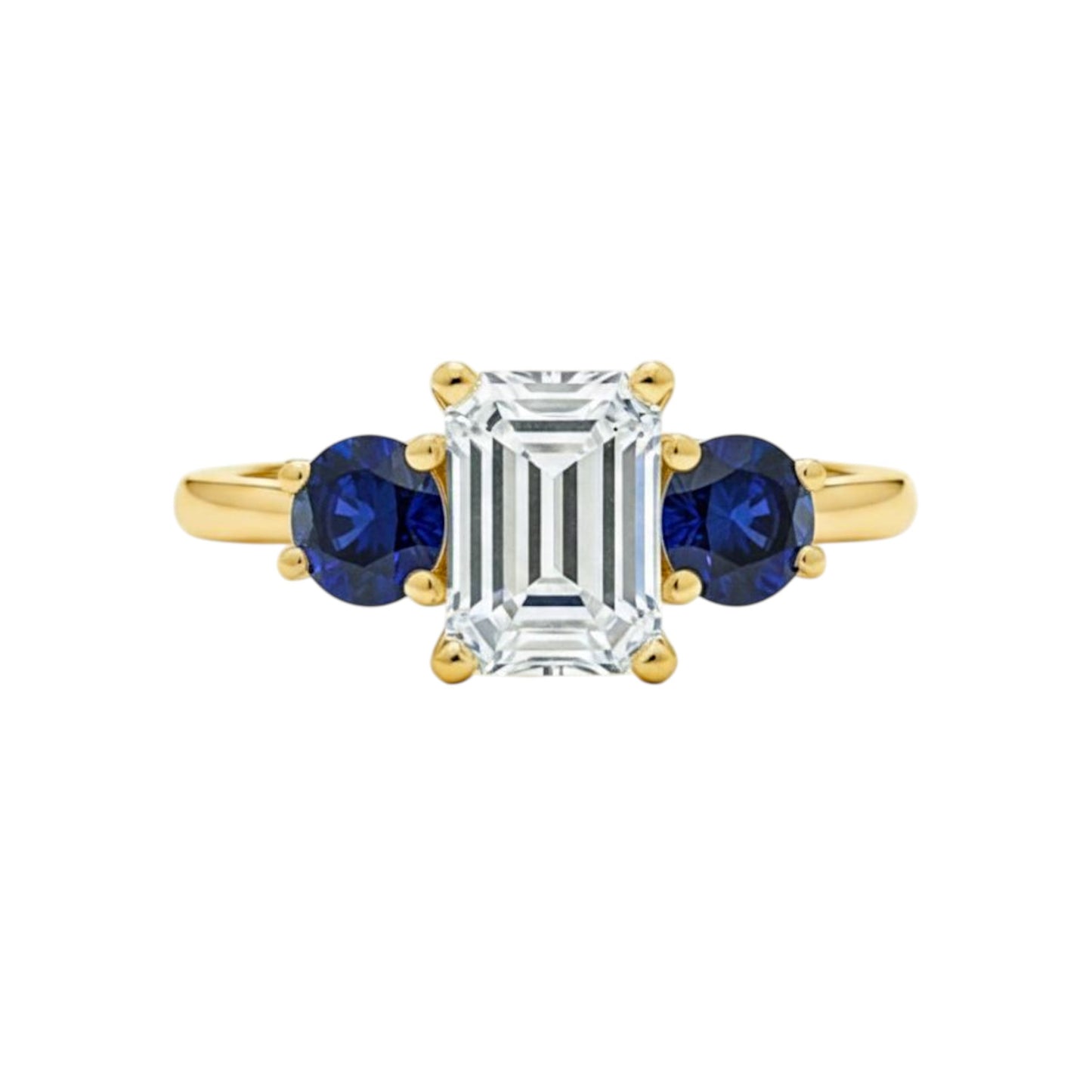 14Kt Gold 1.60 Ct Emerald Cut and Blue Sapphire 3 Stone Lab Grown Diamond Ring