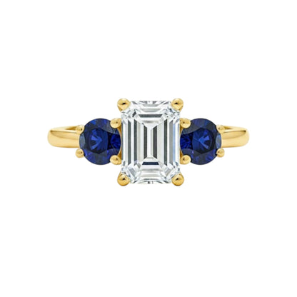 14Kt Gold 1.60 Ct Emerald Cut and Blue Sapphire 3 Stone Lab Grown Diamond Ring