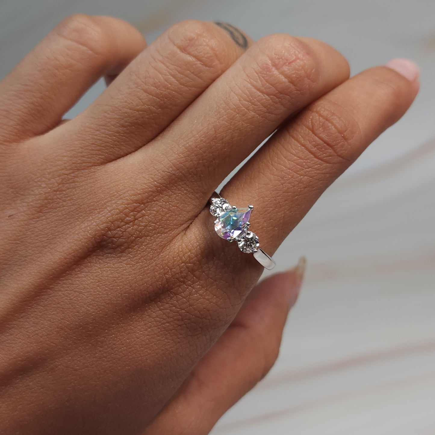 Natural Mercury Mist Mystic Topaz & Lab Grown Diamond Pear Round ring .925 Sterling Silver