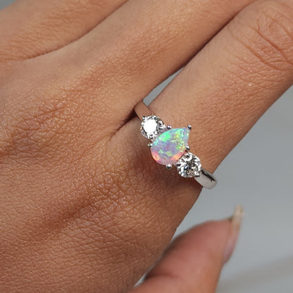 Created Pink Opal & Lab Grown Diamond Pear Round ring .925 Sterling Silver