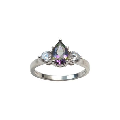 Natural Mystic Topaz & Lab Grown Diamond Pear Round ring .925 Sterling Silver