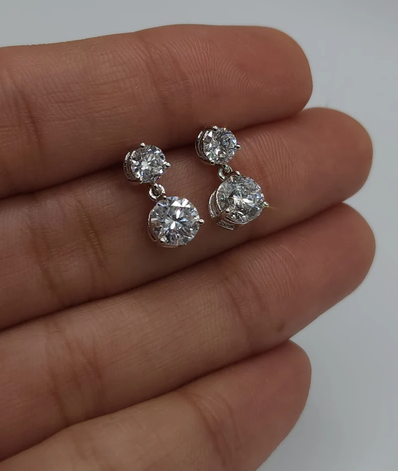 14Kt Gold 2 Ct Lab Grown Diamond 3 Prong Dangle Stud Earrings