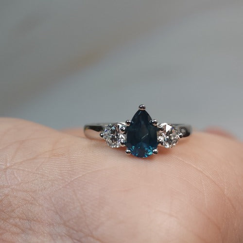 London Blue Topaz & Lab Grown Diamond Pear Round ring .925 Sterling Silver