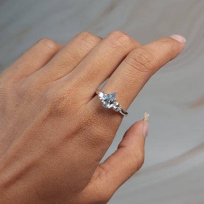Genuine Aquamarine & Lab Grown Diamond Pear Round ring .925 Sterling Silver