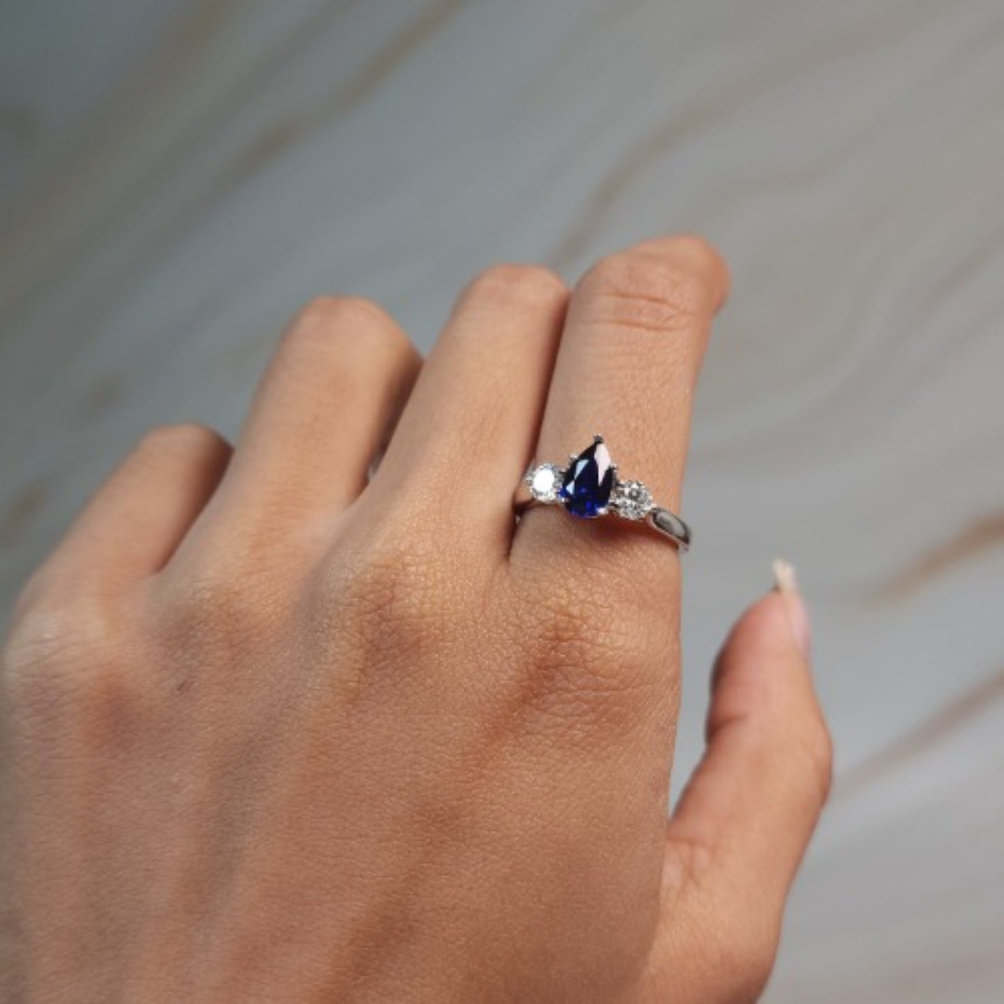 Created Blue Sapphire & Lab Grown Diamond Pear Round ring .925 Sterling Silver