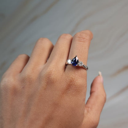 Created Blue Sapphire & Lab Grown Diamond Pear Round ring .925 Sterling Silver