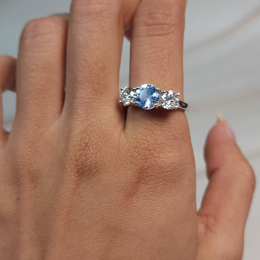 Simulated Aquamarine & 1Ct Lab Grown Diamond Round ring .925 Sterling Silver