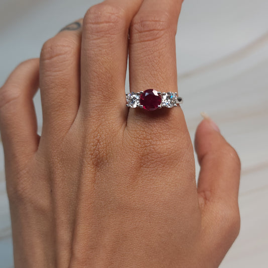 Created Ruby & 1Ct Lab Grown Diamond Round ring .925 Sterling Silver
