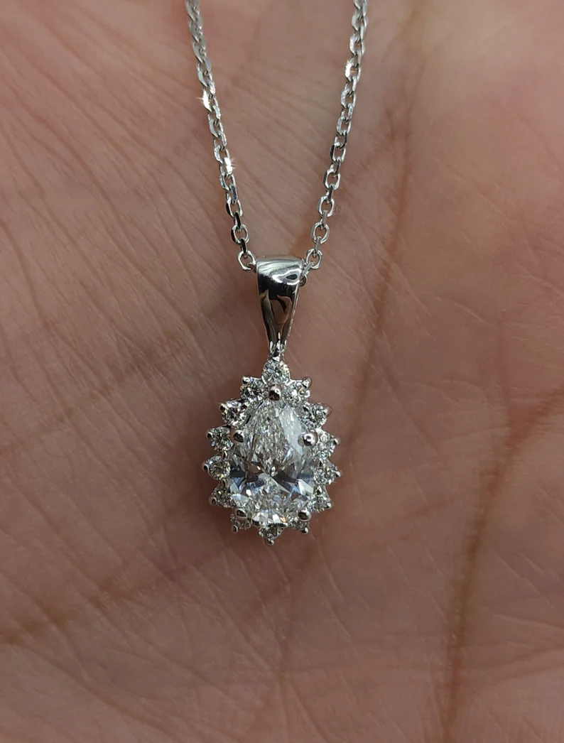 14K Gold 0.91 Ct Lab Grown Teardrop Diamond Solitaire Pendant Necklace