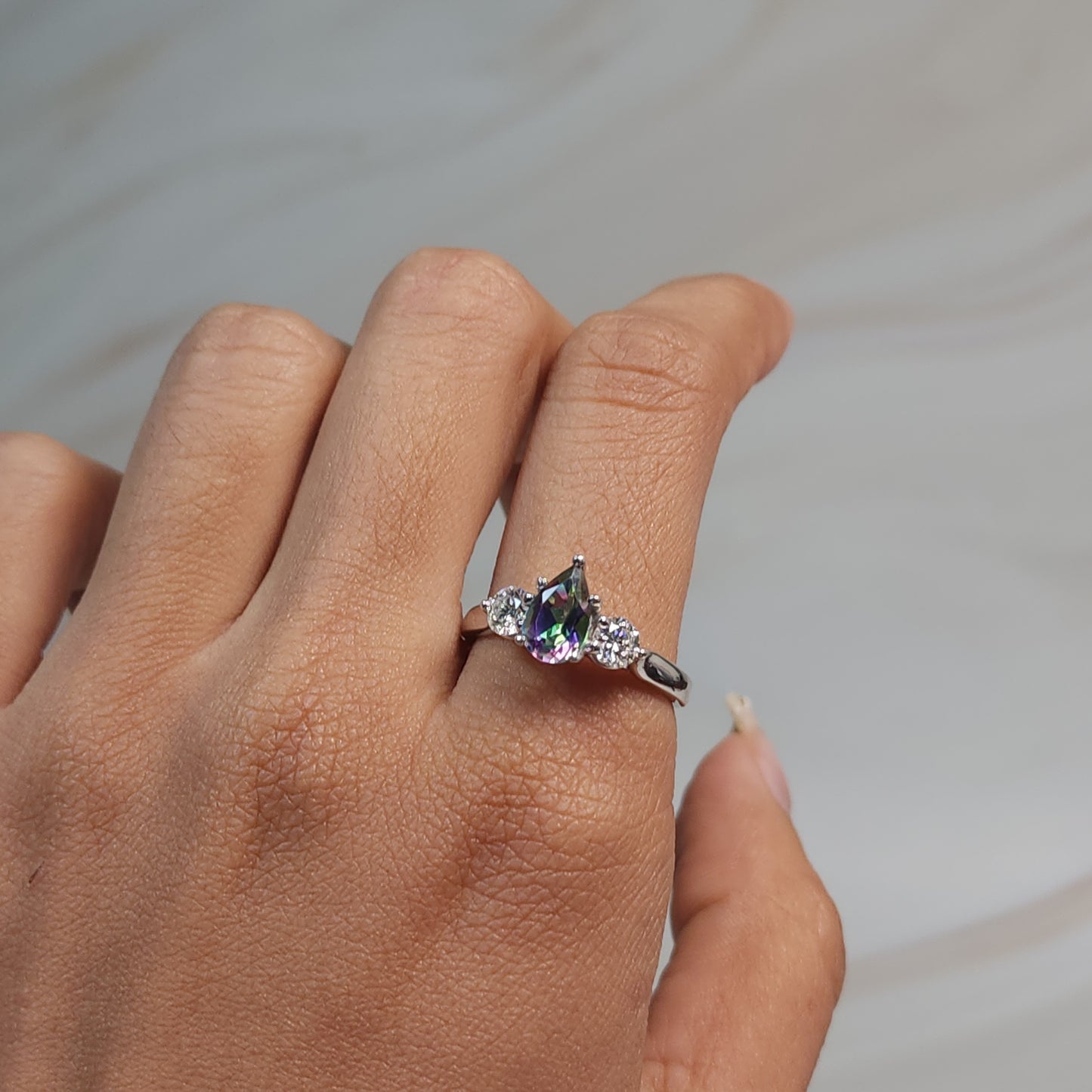 Natural Mystic Topaz & Lab Grown Diamond Pear Round ring .925 Sterling Silver