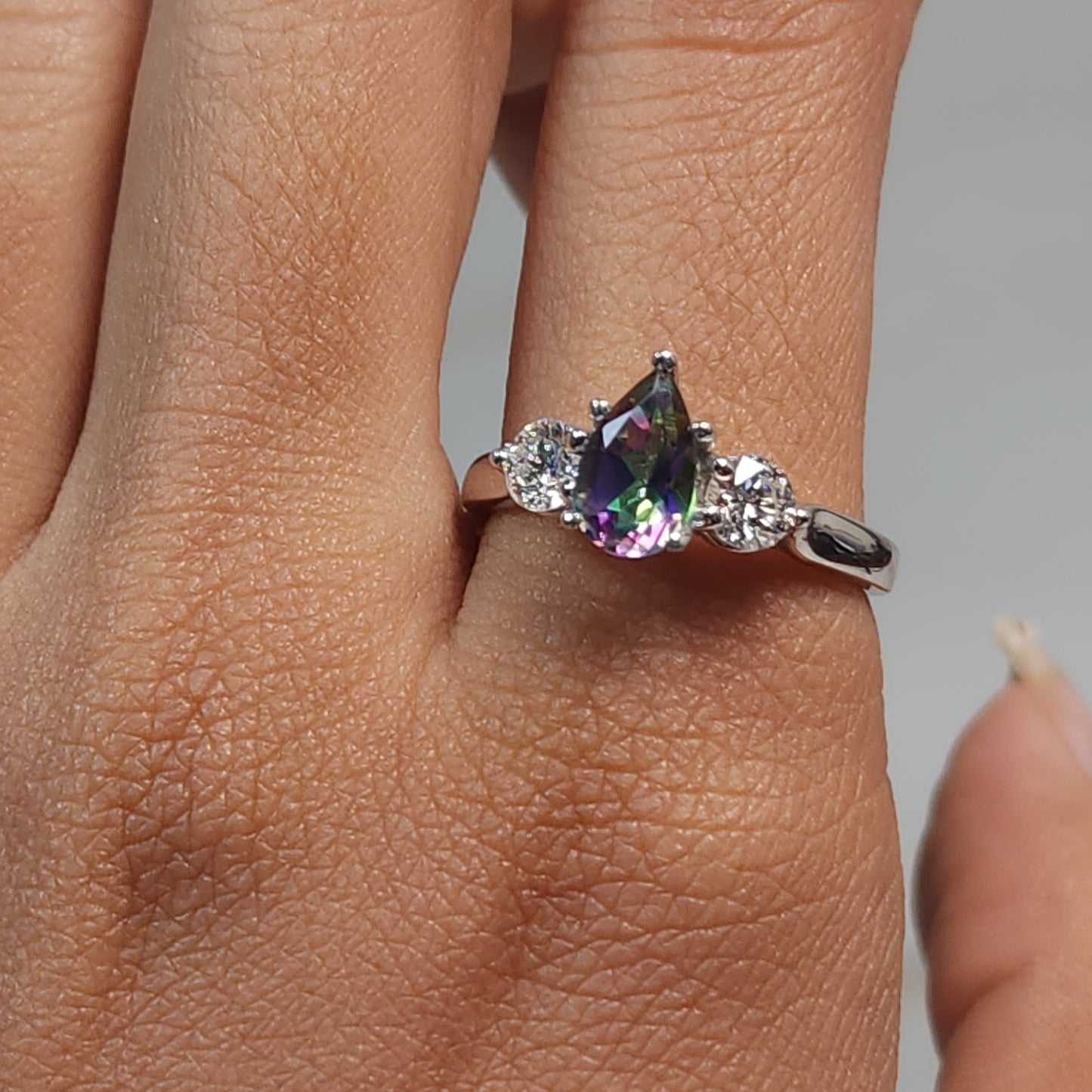 Natural Mystic Topaz & Lab Grown Diamond Pear Round ring .925 Sterling Silver