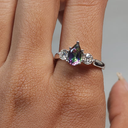 Natural Mystic Topaz & Lab Grown Diamond Pear Round ring .925 Sterling Silver