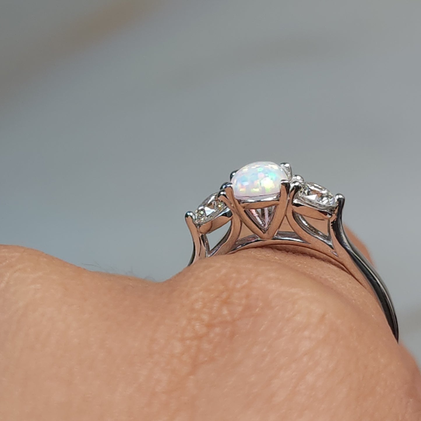 Created Opal & Lab Grown Diamond Pear Round ring .925 Sterling Silver