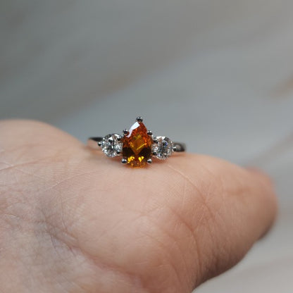 Simulated Orange Citrine & Lab Grown Diamond Pear Round ring .925 Sterling Silver