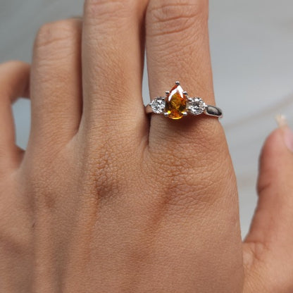 Simulated Orange Citrine & Lab Grown Diamond Pear Round ring .925 Sterling Silver