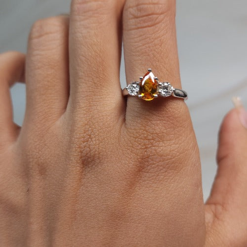 Simulated Orange Citrine & Lab Grown Diamond Pear Round ring .925 Sterling Silver