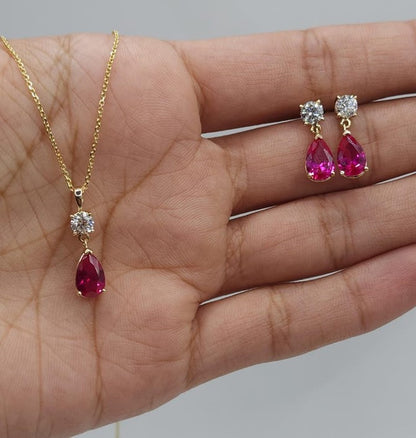 14Kt Gold Created Ruby Teardrop & Lab Grown Diamond Pendant