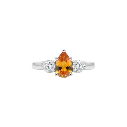 Simulated Orange Citrine & Lab Grown Diamond Pear Round ring .925 Sterling Silver