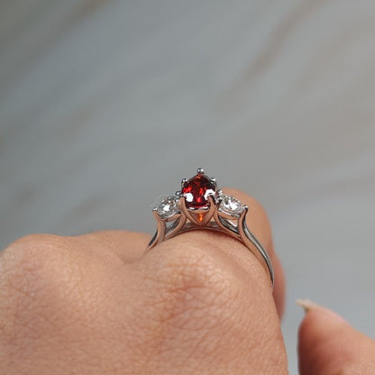 Simulated Garnet & Lab Grown Diamond Pear Round ring .925 Sterling Silver