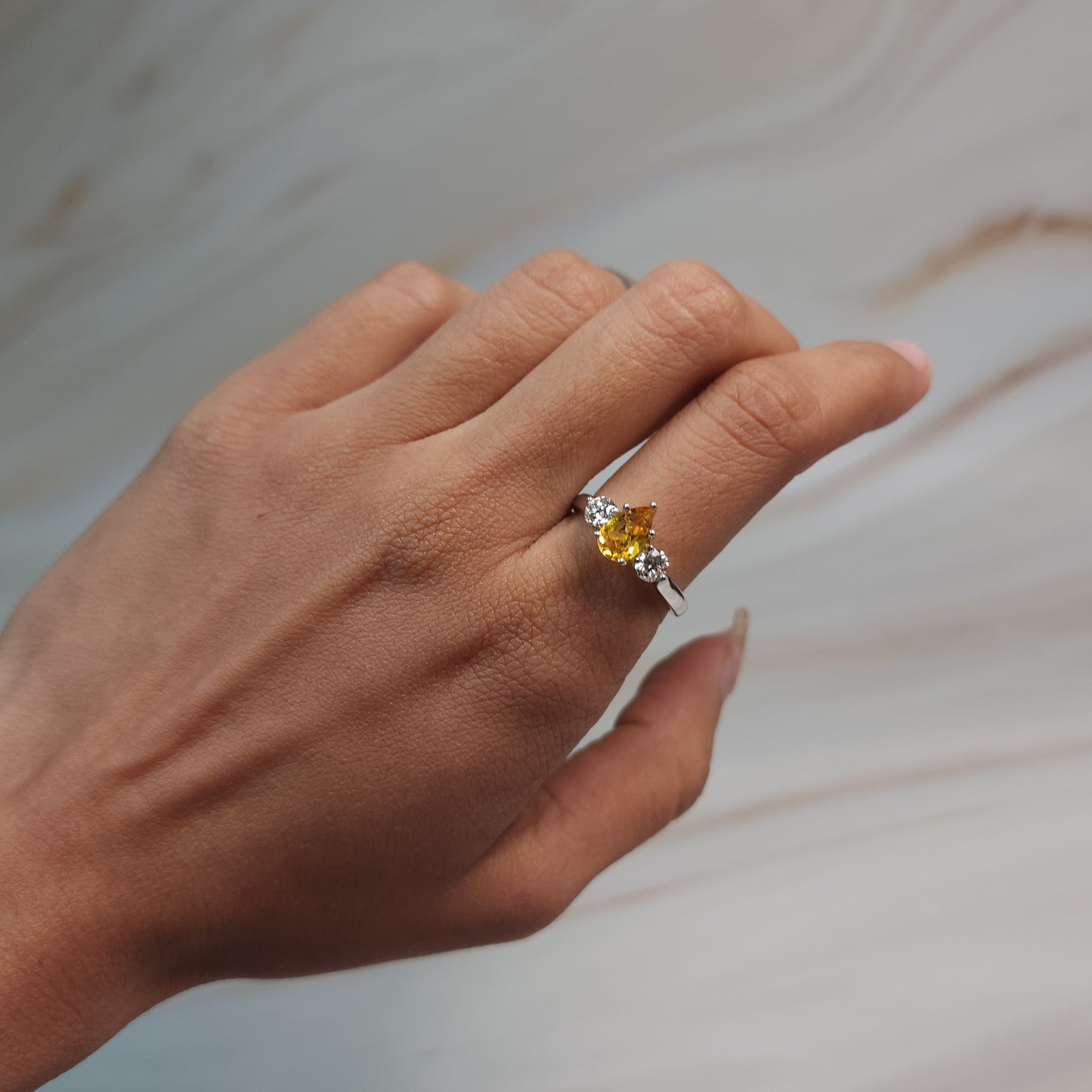 Yellow Citrine & Lab Grown Diamond Pear Round ring .925 Sterling Silver