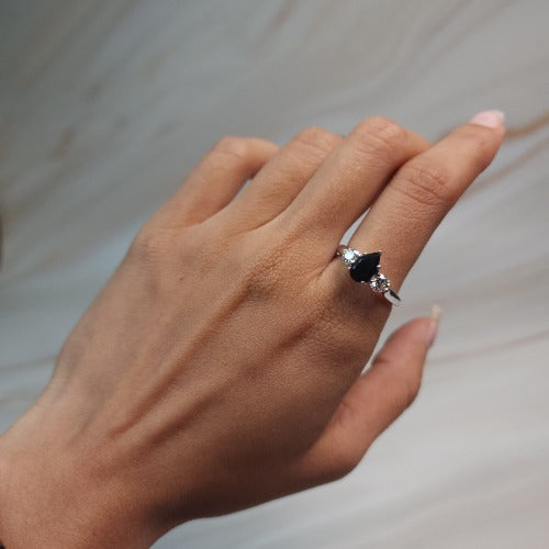 Natural Black Onyx & Lab Grown Diamond Pear Round ring .925 Sterling Silver