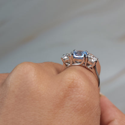 Simulated Aquamarine & 1Ct Lab Grown Diamond Round ring .925 Sterling Silver