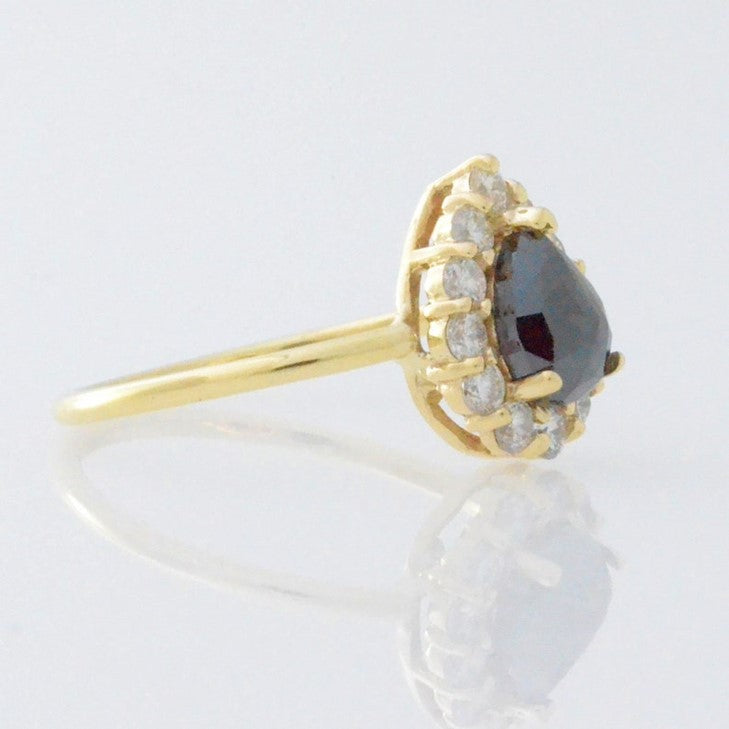 14Kt Gold 1.21Ct Halo Teardrop Natural Rose Cut Black Diamond Ring