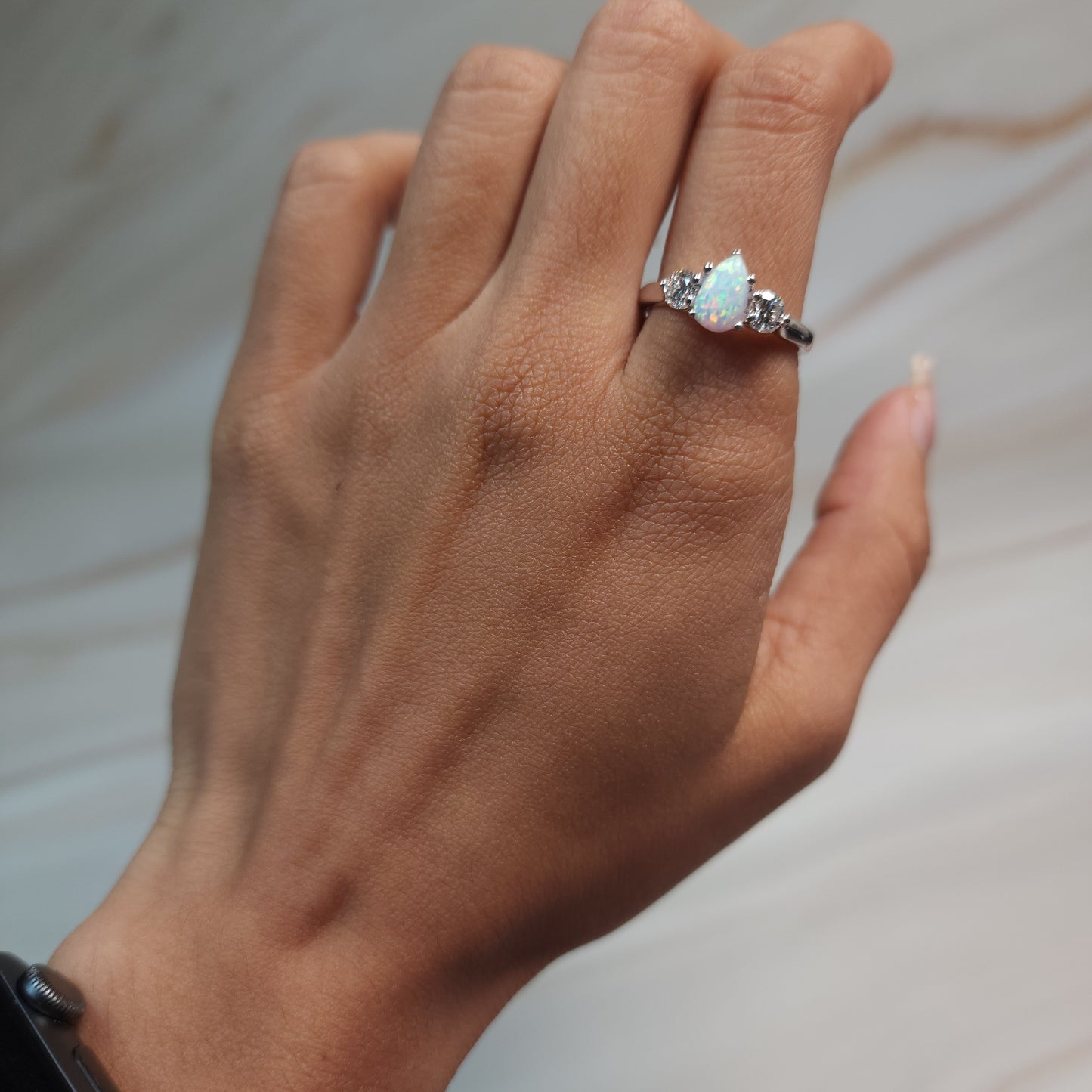 Created Opal & Lab Grown Diamond Pear Round ring .925 Sterling Silver