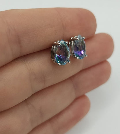 14Kt Gold 3 Ct Blue Mystic Topaz Teardrop Pear Shape Stud Earrings