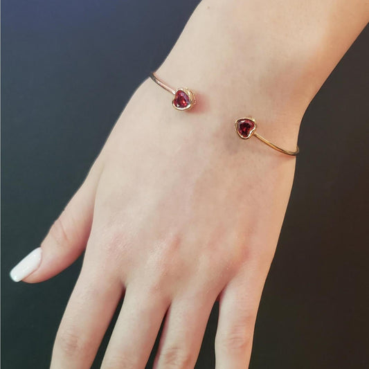 14Kt Gold Garnet Heart Bezel Bangle Bracelet