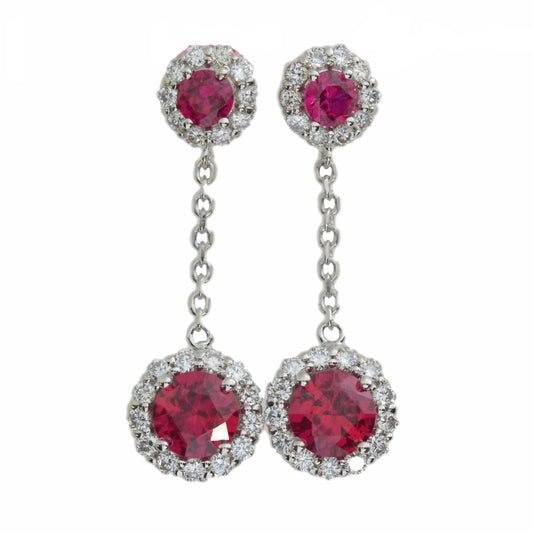 14Kt Gold 1.68 Ct Lab Grown Diamond & Ruby Halo Dangle Stud Earrings