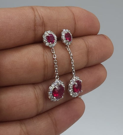 14Kt Gold 1.68 Ct Lab Grown Diamond & Ruby Halo Dangle Stud Earrings