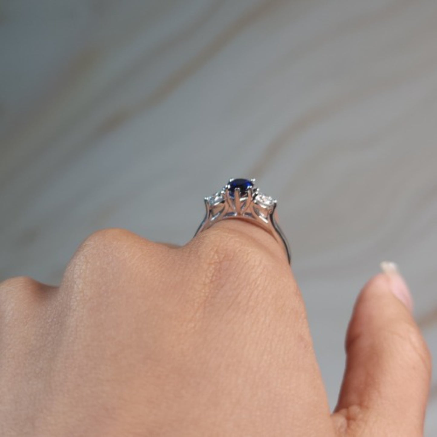 Created Blue Sapphire & Lab Grown Diamond Pear Round ring .925 Sterling Silver