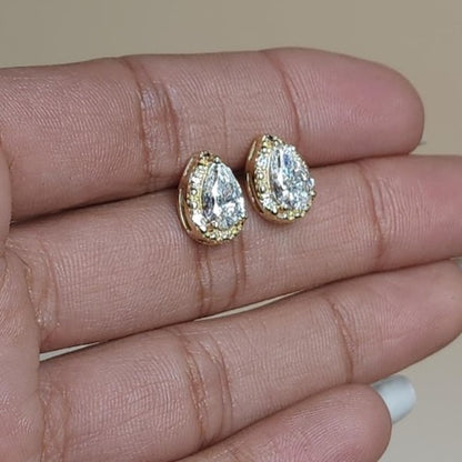 14Kt Gold 1.48Ct Teardrop Halo Lab Grown Diamond Stud Earrings