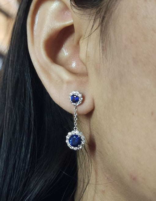 14Kt Gold 1.68 Ct Lab Grown Diamond & Blue Sapphire Halo Dangle Stud Earrings