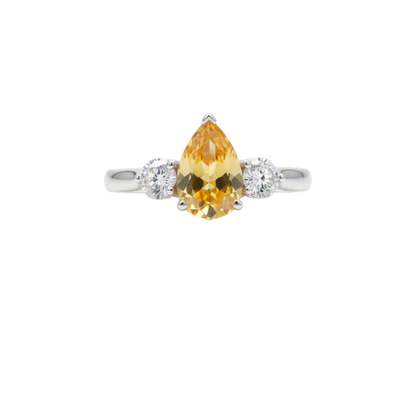 Yellow Citrine & Lab Grown Diamond Pear Round ring .925 Sterling Silver