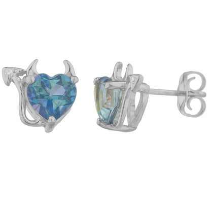 Natural Blue Mystic Topaz & Diamond Devil Heart Stud Earrings .925 Sterling Silver