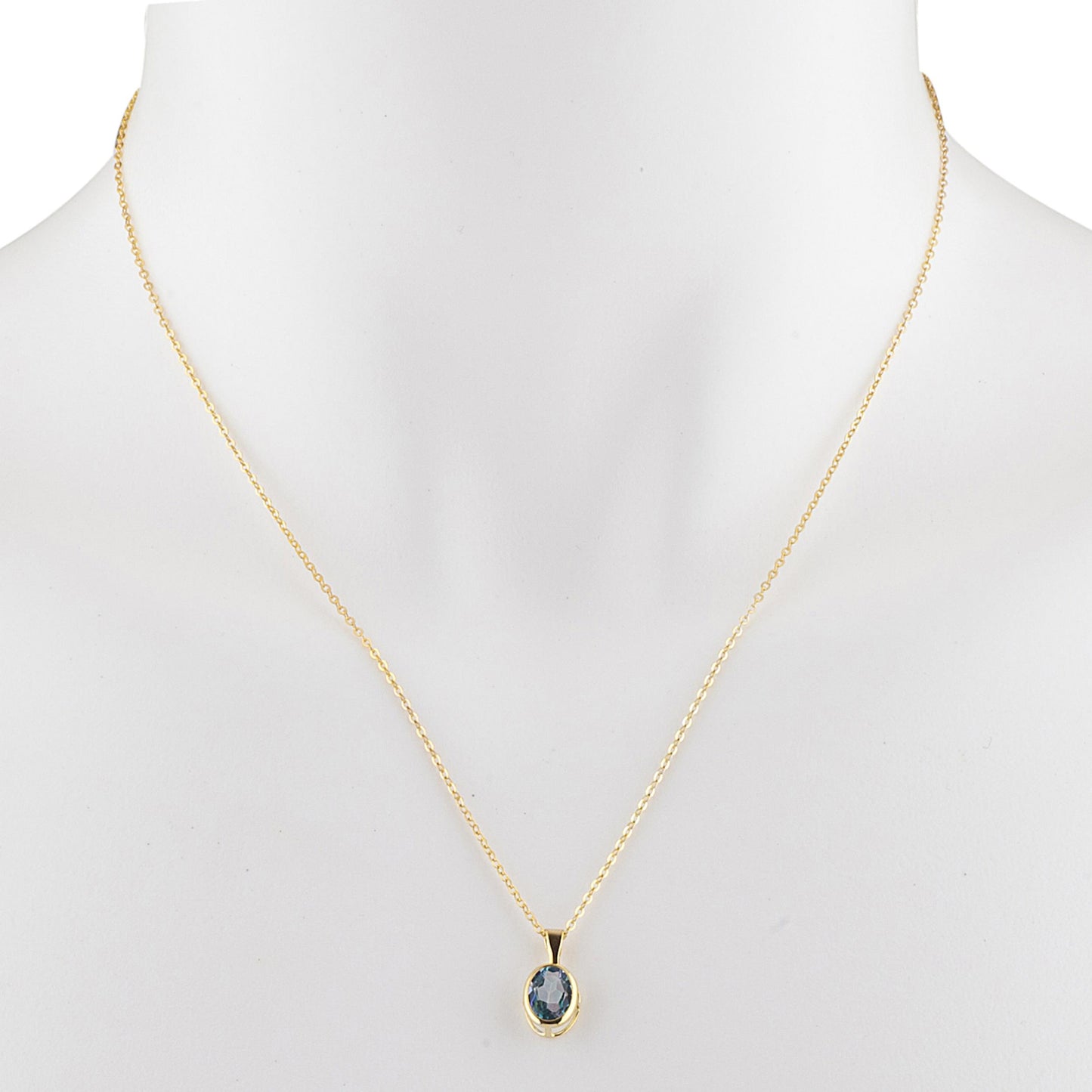14Kt Gold Natural Blue Mystic Topaz Oval Bezel Pendant Necklace