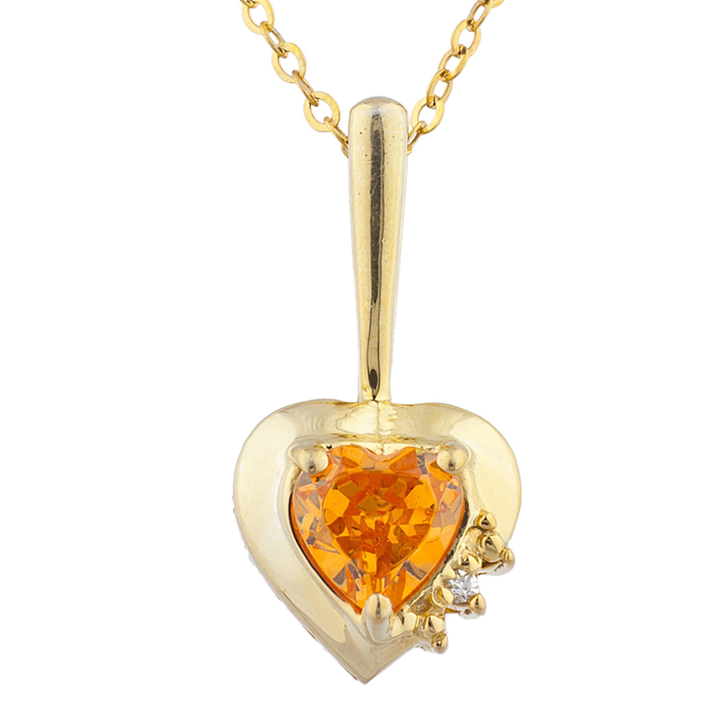 14Kt Gold Orange Citrine & Diamond Heart Design Pendant Necklace