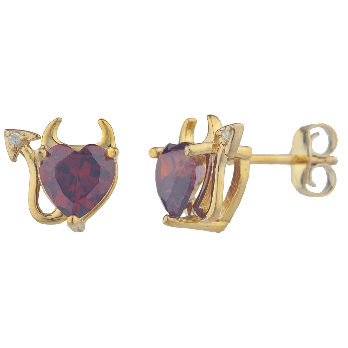 Garnet & Diamond Devil Heart Stud Earrings 14Kt Yellow Gold Plated