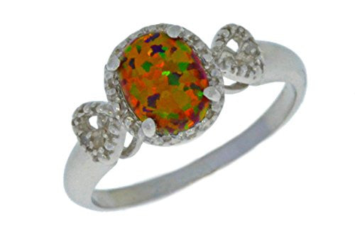 8x6mm Black Opal & Diamond Oval Heart Ring .925 Sterling Silver Rhodium Finish