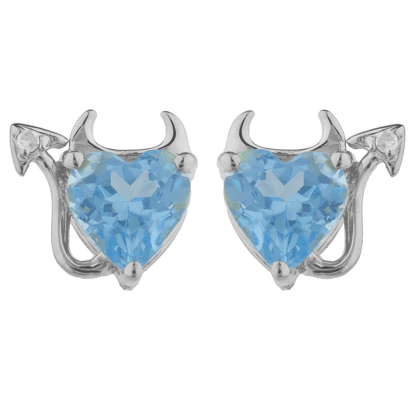 14Kt Gold Blue Topaz & Diamond Devil Heart Stud Earrings