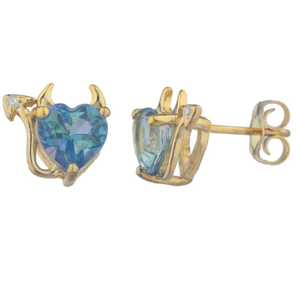 Natural Blue Mystic Topaz & Diamond Devil Heart Stud Earrings 14Kt Yellow Gold Plated