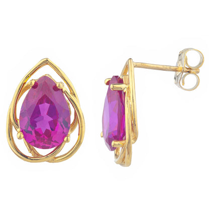 14Kt Yellow Gold Plated Created Ruby Pear Teardrop Design Stud Earrings