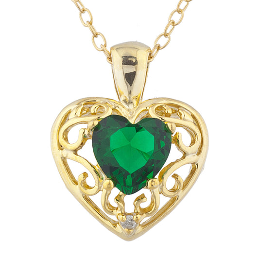 14Kt Gold Emerald & Diamond Heart LOVE ENGRAVED Pendant Necklace